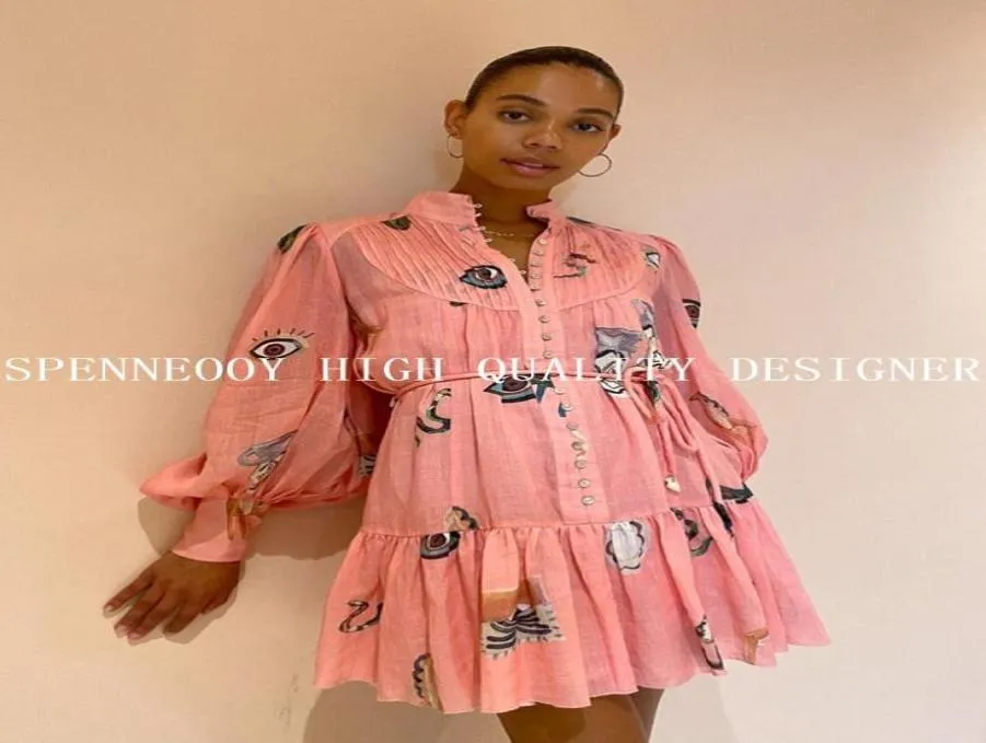 Casual Dresses Designer HighEnd Spring Summer Linen Pink Short Dress Women Long Sleeves Print SingleBreasted DressCasual2597233