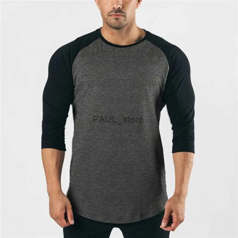 Men's T-Shirts New Fashion Three Quarter Sleeve T shirt Men Autumn Spring Cotton Patchwork Silm Fit Gym Clothing Fitness T-shirt Sports TshirtL2404