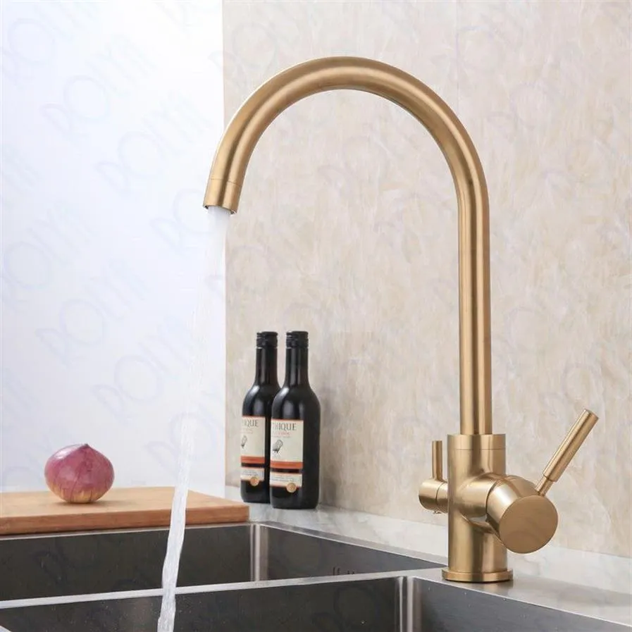 Rolya Brushed Golden 3 Way Way Filter Tap Burnished Gold Ro Water Kitchen Faucet Tri Flow Kitchen Sink Mixer309J