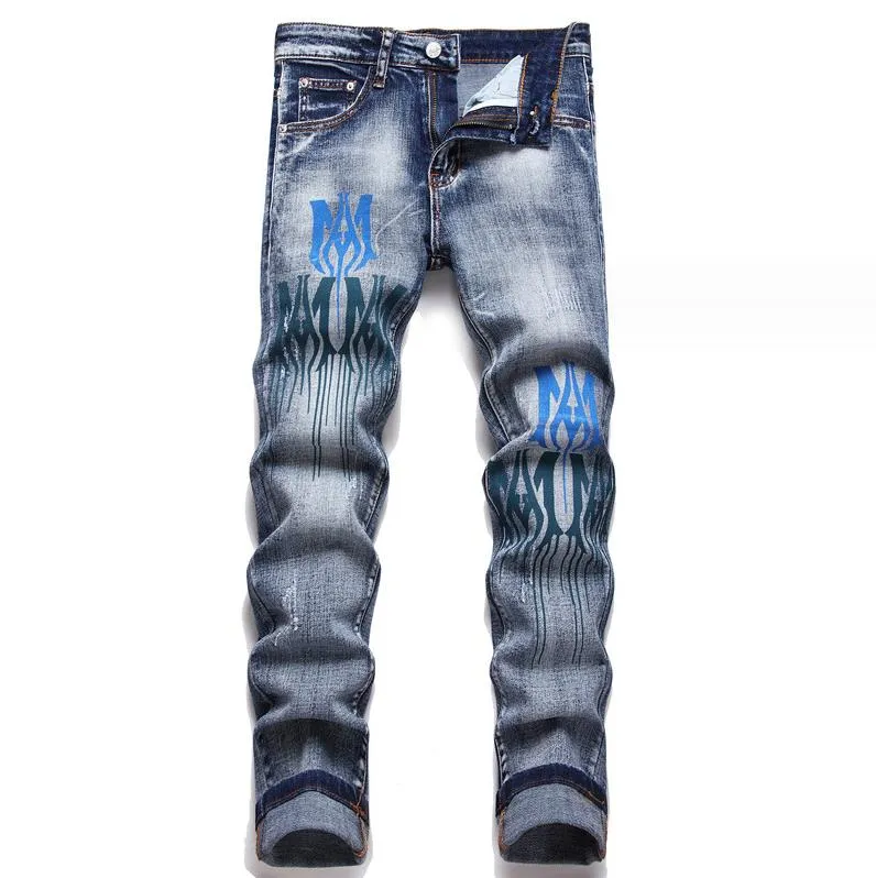 Men's Jeans Trendy Distinctive Fashion Stretch Light Color Printed Pants Painted Leg Stitching Trousers