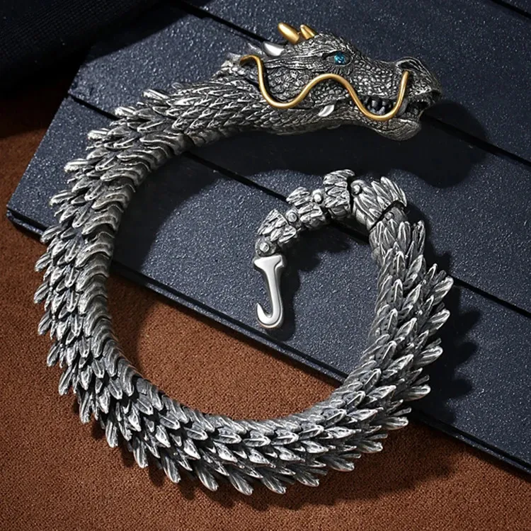 S925 Sterling Silver Fierce Dragon Bracelet for Men Unisex Punk