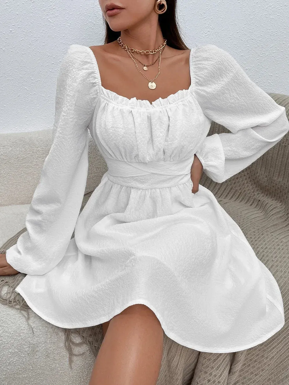 Weißer Pullover mit quadratischem Kragen, A-Linien-Kleid für Damen, 2023, Sommer, einfarbig, Lcae Up, Langarm-Kleider, elegante Party 231220