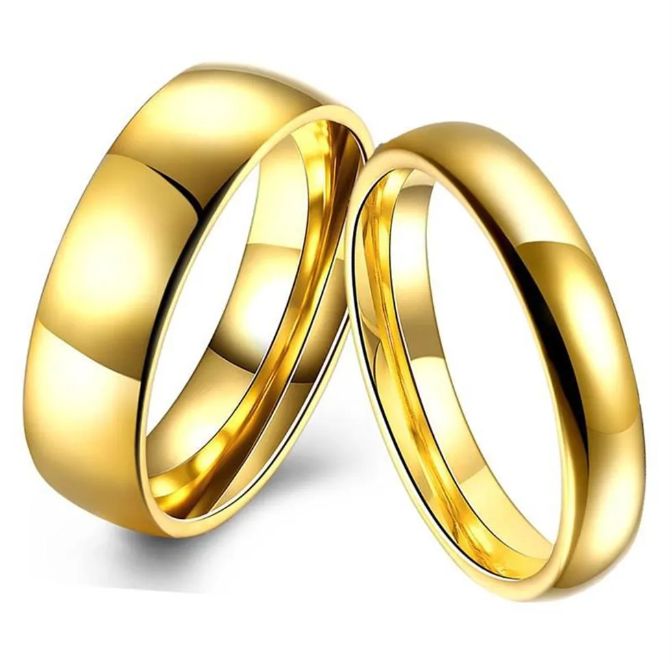 Klassiskt rostfritt stål Ring guldfärg bröllopsringar slät älskare bröllop allians brud smycken set par ring209t