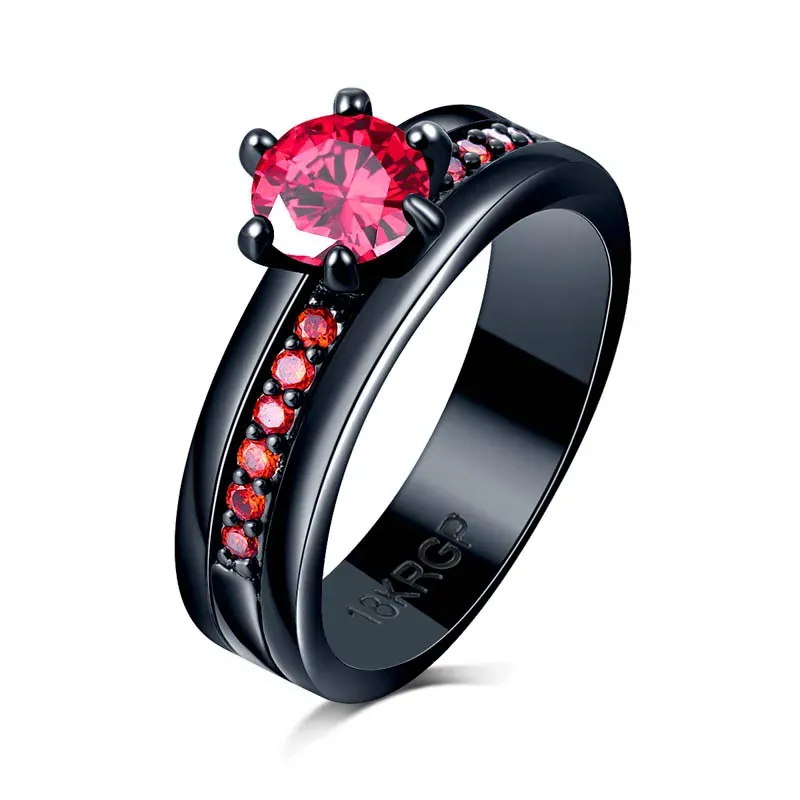 Anillos de granate de circonio cúbico rojo de estilo a la moda para mujer, anillo de compromiso de boda lleno de oro negro, anillo de promesa de amor, venta al por mayor