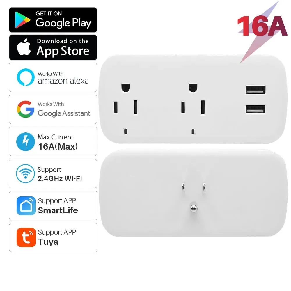 Pluggen 16a US Tuya Smart WiFi Plug Socket 2 uitingen 2 USB -poorten met timing Smart Life -app Remote Recover Control werkt met Alexa Google Home