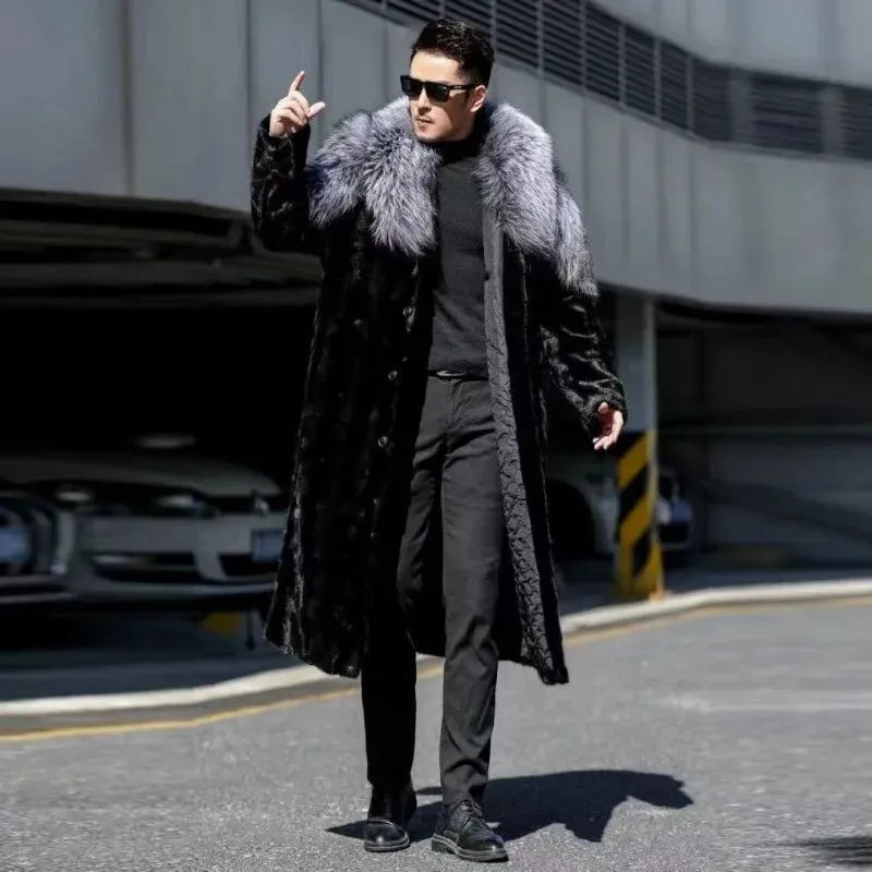 Erkekler sahte vizon ceket kış uzun kürk siyah renk sıcak rüzgarlık artı boyutta yaka lüks markalar giyim ceketleri 231220