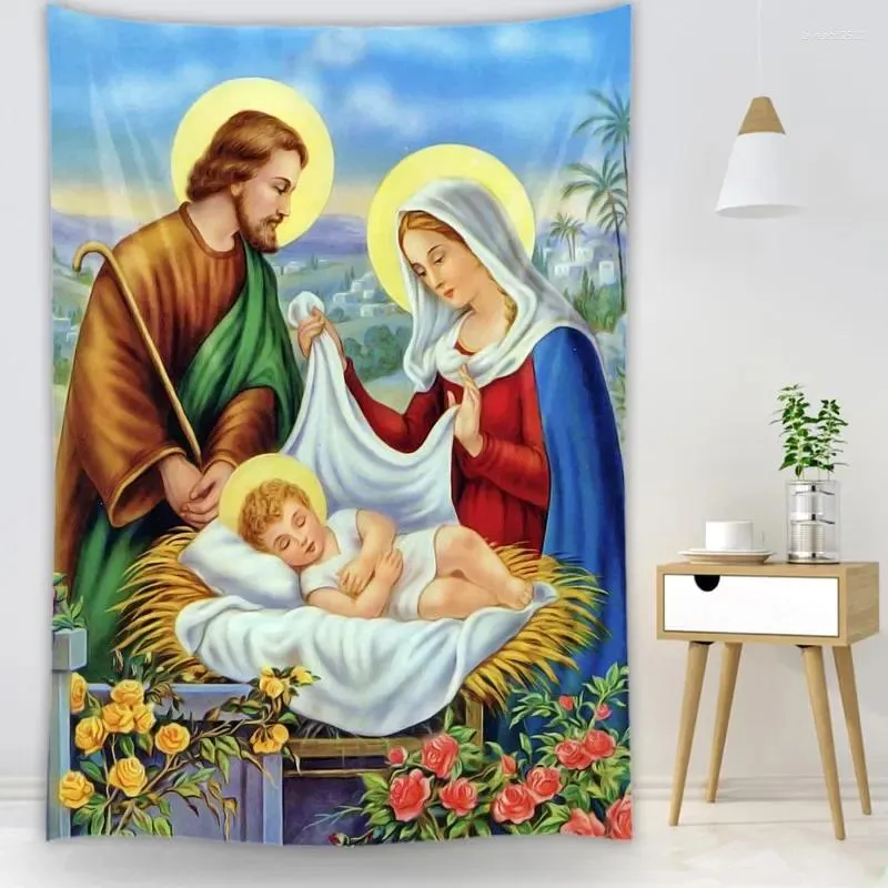 タペストリー聖なる家族のクリスマスの壁の装飾は子供たちを祝福しますクリスチャン信者の賢者はキリストをぶら下げますホームベッドルームの装飾