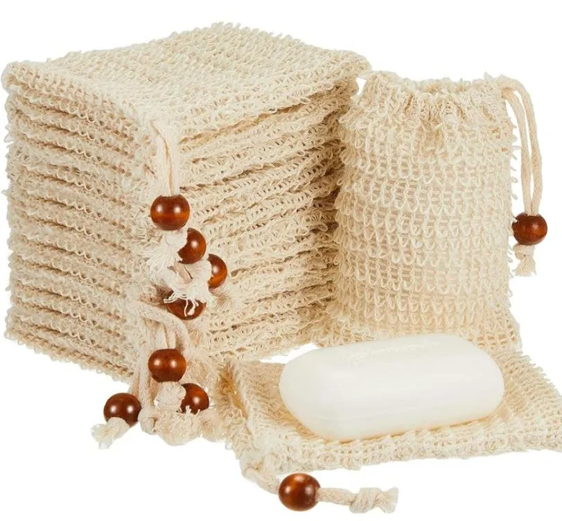 Tvål exfolierande påsar Natural Sisal Soap Saver Bag Pouch med dragstring för skummande torkning av tvålar Exfoliering Massage Dusch B2154252