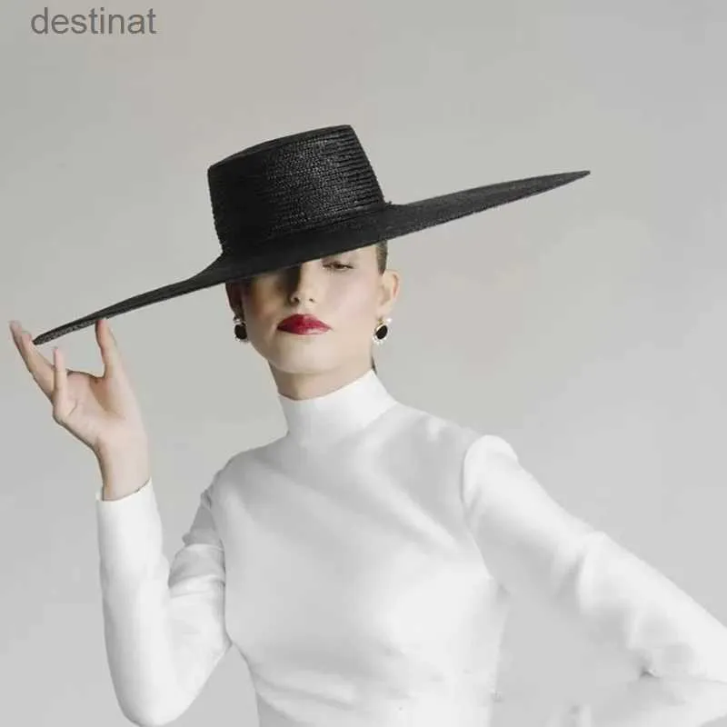 Wide Brim Hats Bucket Hats 2022 New Spring Summer 18cm Wide Brim Black Straw Hat Flat Top Straw Hats For Women Elegant French Retro Sun Hat Designer HatL231221