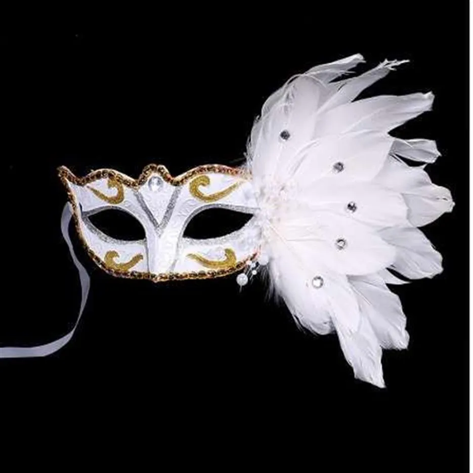 Venezianische Maskerade -Maske auf Stick Mardi Gras Kostüm Eyemask Druck Halloween Carnival Hand Held Stick Federn Party Mask310f