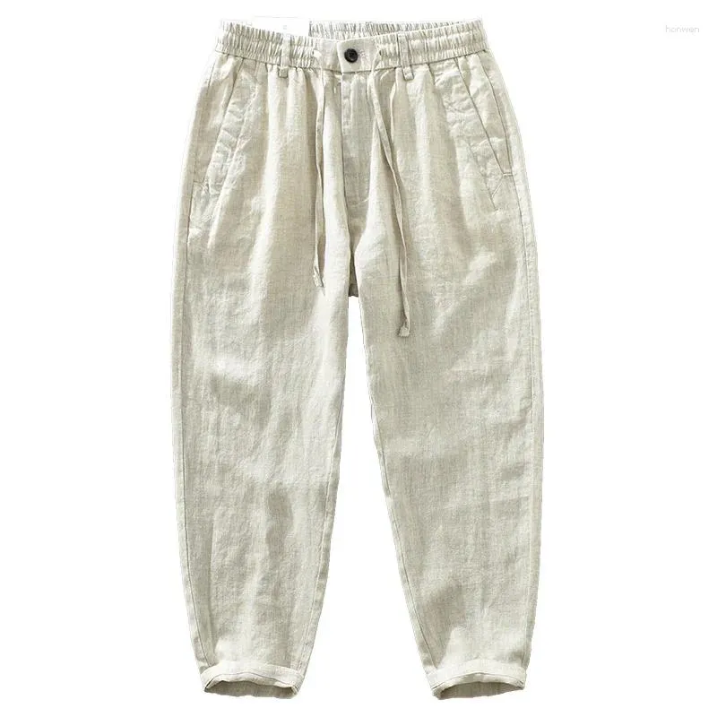 Erkek pantolon yaz ince Japon retro keten gevşek düz davul çekme ipi elastik bel küçük ayaklar pamuk rahat