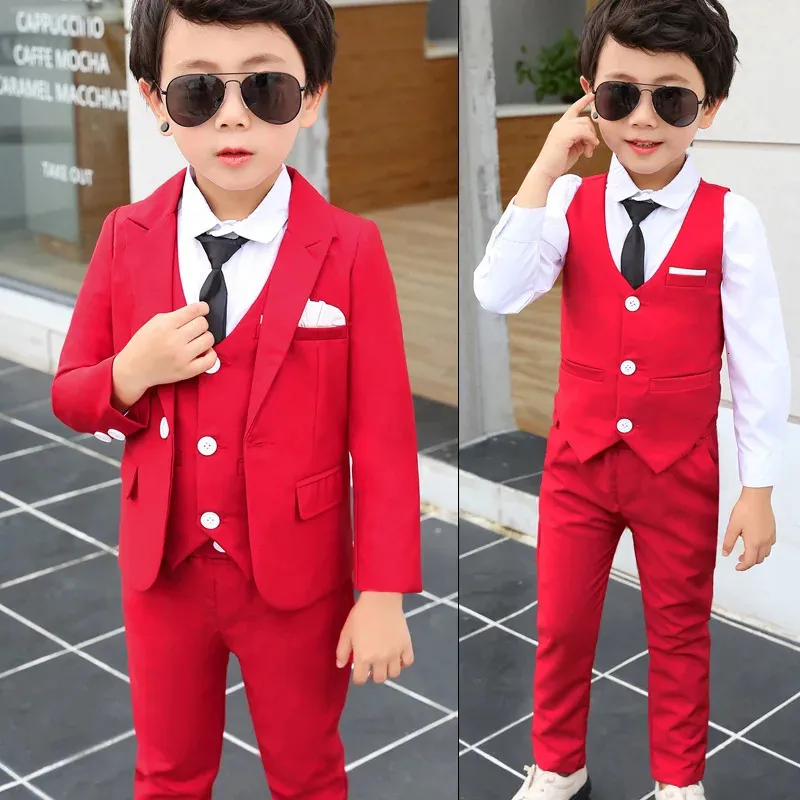 Весенне-осенний формальный детский однотонный костюм, костюм для мальчиков на свадьбу, блейзер для маленьких детей, жилет и брюки, комплекты одежды 231220