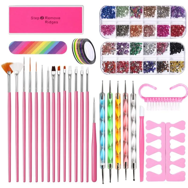Kit per nail art DUNFULI 15 pezzi Pennelli Set di penne per pittura Decorazione Glitter Diamanti Lucidatura File Set per saloni professionali