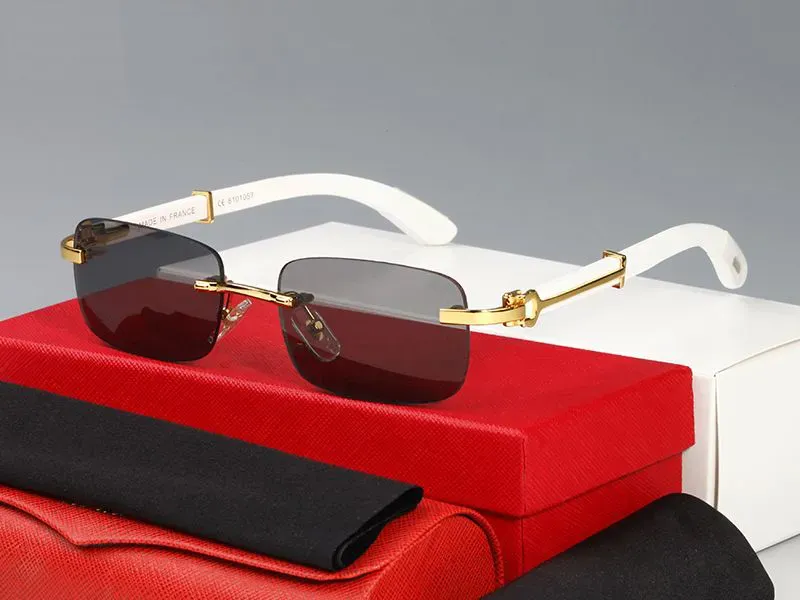 2024マンカルティグラスデザイナーサングラス女性ファッションフレームレス長方形コーティングバッファローホーンサングラスUV400証拠眼鏡木製メンズアイウェア眼鏡