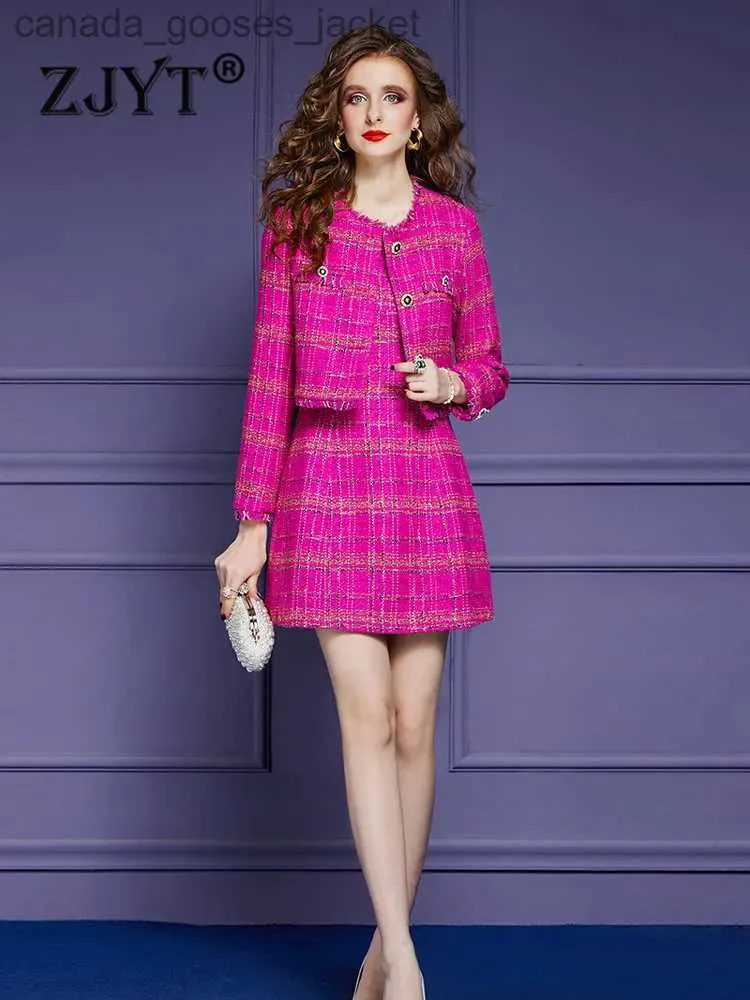 Tvådelad klänning Zjyt Luxury Designer Fall Winter Plaid Tweed Woolen Jacket+Tank Dress 2 Piece Womens Outfits Party Elegant Long Sle Vestidos L231221