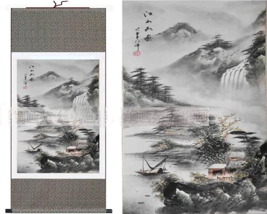 Oosterse landschapsschilderijen Chinese zijden rollen hangende schilderdecoratie kunst geschilderd l100x30cm 1 -piece 6848559