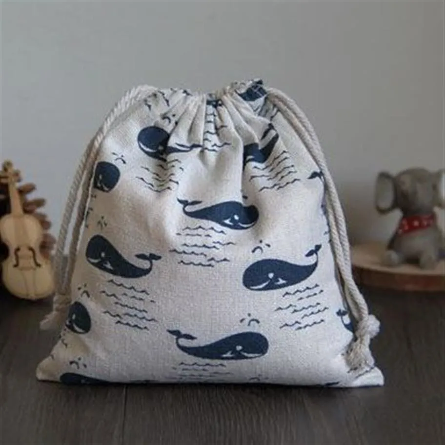 Blue Fish Linen DrawString Bag 9x12cm 10x15cm 13x17cm Pack med 50 Party Candy Sack Makeup Jewelry Present Packaging Pouch227q