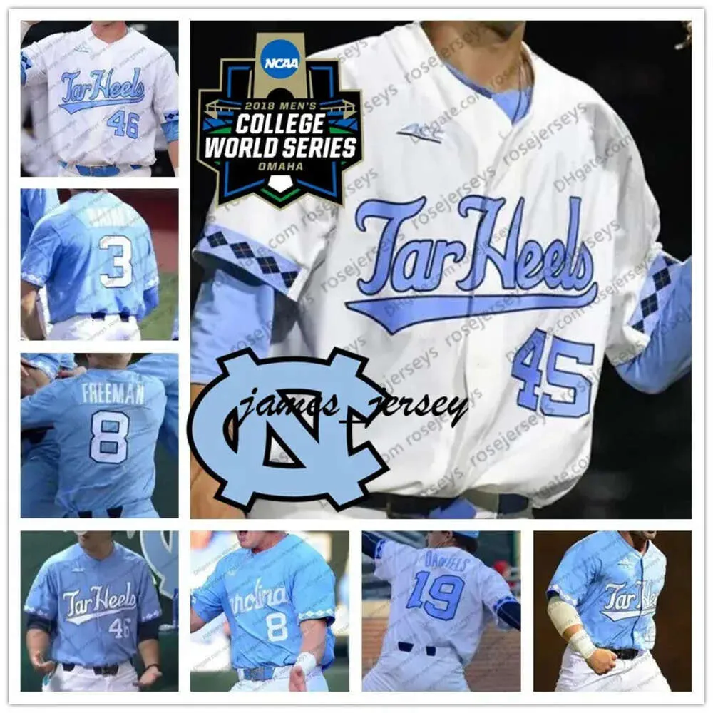 Jam UNC North Carolina Tar Heels #1 Danny Serretti 5 Ashton McGee 8 Ike Freeman 26 Jackson Hesterlee 2019 CWS Baseball White Blue Jerseys