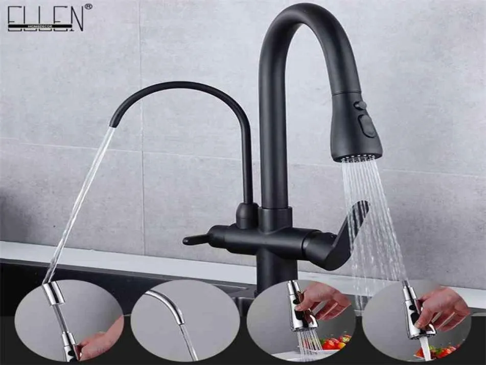 Deck Mounted Black Kitchen Faucets Pull Out Cold Water Filter Tap for Kitchen Three Ways Sink Mixer Kitchen Faucet ELK9139B 2109032973440