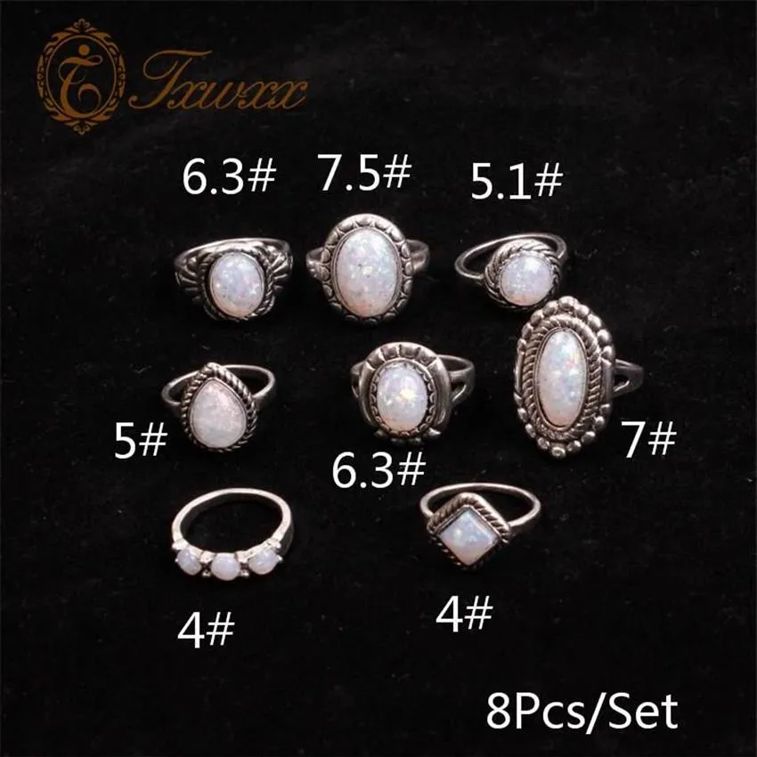 Tasarım Vintage opal mafsal halkaları kadınlar için ayarlanmış geometrik desen çiçek partisi bohem takı 8 adet set band204x