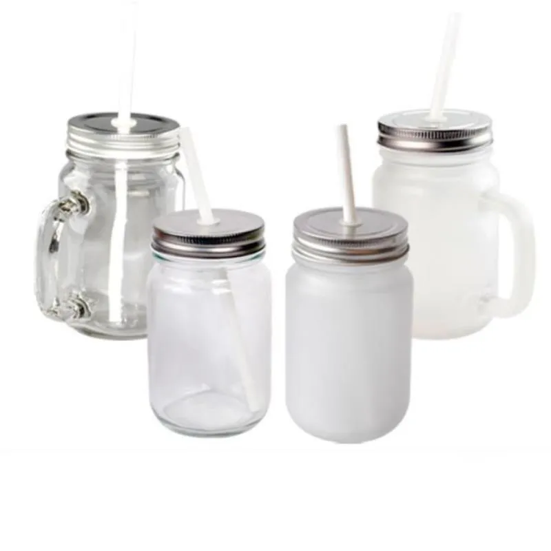 Sublimación Drinkware 16 oz Frascos de masón esmerilados transparentes en blanco con asa para amantes de bricolaje Doble pared 430 ml Tazas de vidrio Transferencia de calor Printin CKBH