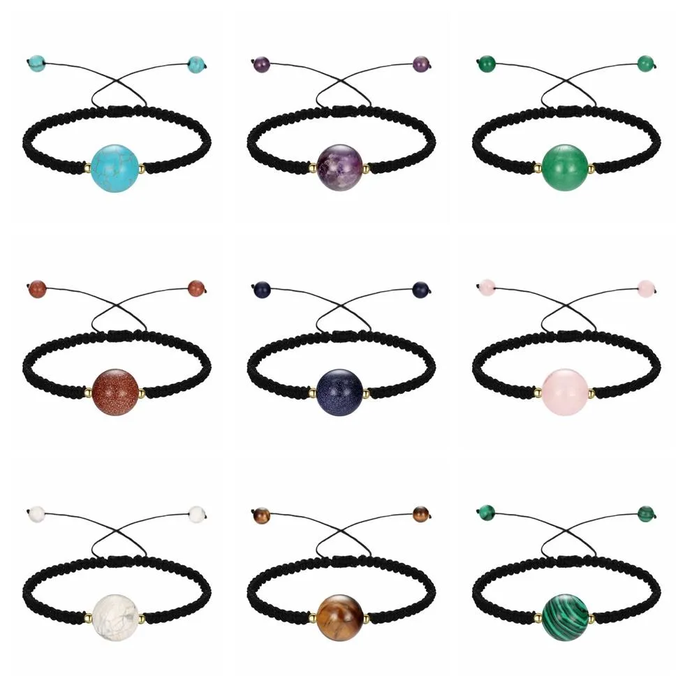 Men Women Hand-Woven strands Beaded Lucky Chinese Knot Adjustable Rope Bracelets Natural Stone Black Onyx Ball Beads Braid Handmad2408