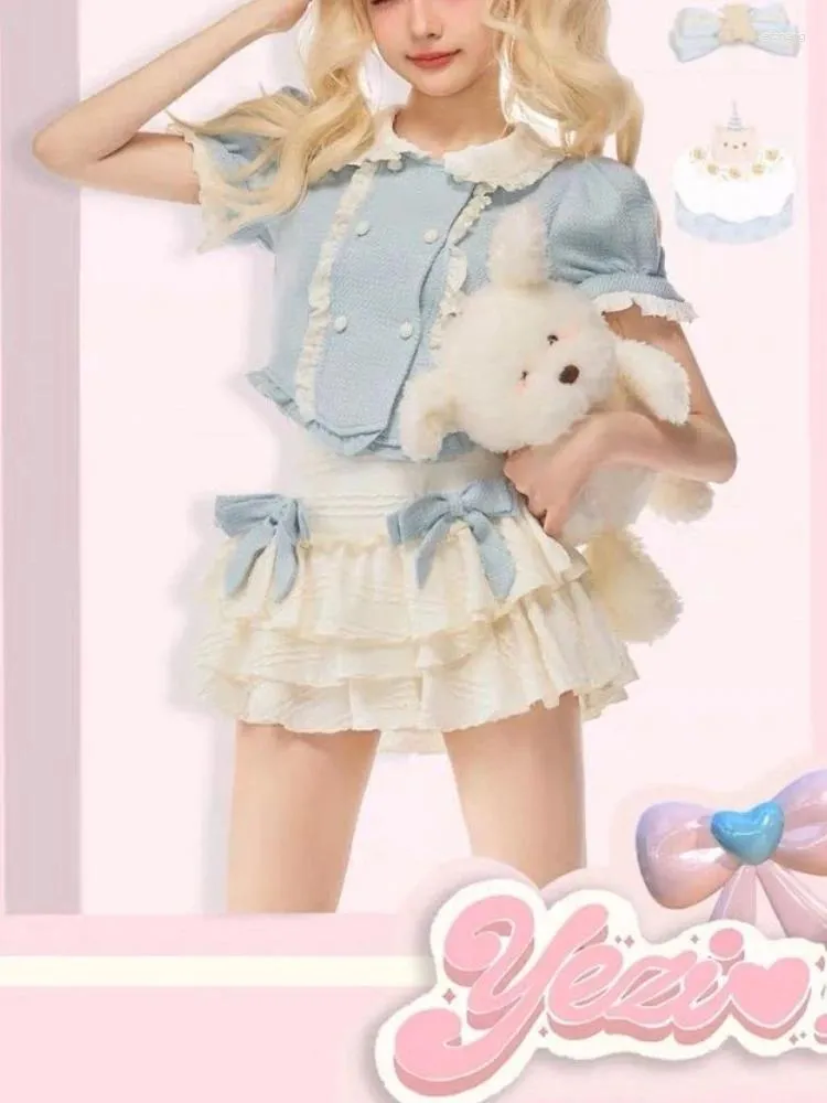 Werk Jurken Zomer Kawaii Lolita Tweedelige Set Vrouwen Patchwork Japanse Paty Minirok Pak Vrouwelijke Casual Koreaanse Mode Y2k Zoete 2023