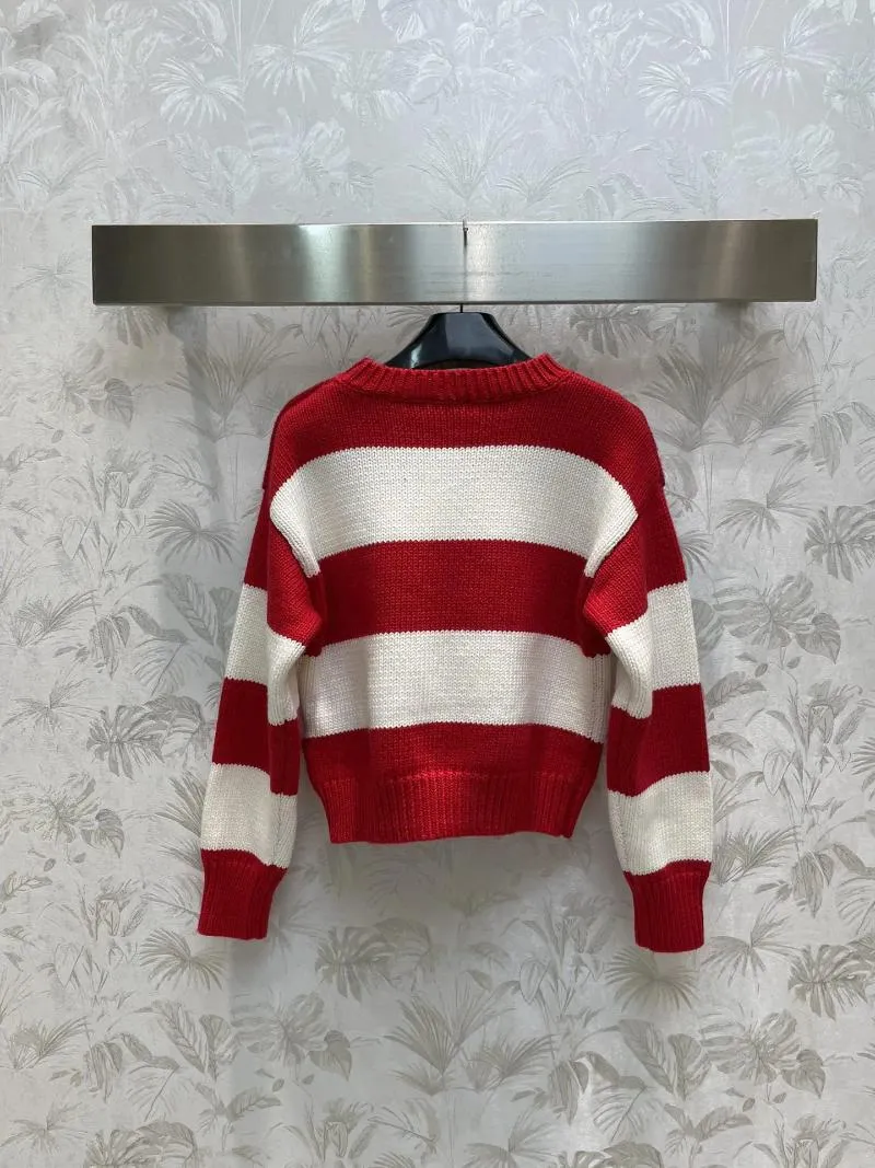 Женские свитера 2023, осень-зима, пуловер, классический красный и белый полосатый модный универсальный свитер с круглым вырезом Bl450350250