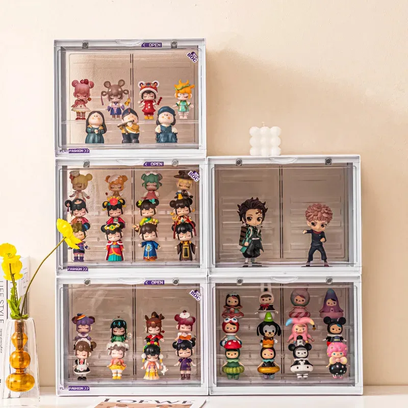 Dust proof Blind Box Storage for Bubble Mart Acrylic Organizing Boxes Cartoon Figure Display Stand Home Toys Organizer 231221