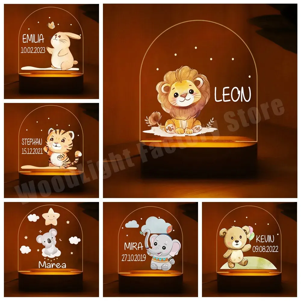 Lampe de nuit des bébés safari personnalisés lampe animale naissance personnalisée avec un éclairage chaud / rgb pour les enfants de table de chambre à coucher 12 style 231221