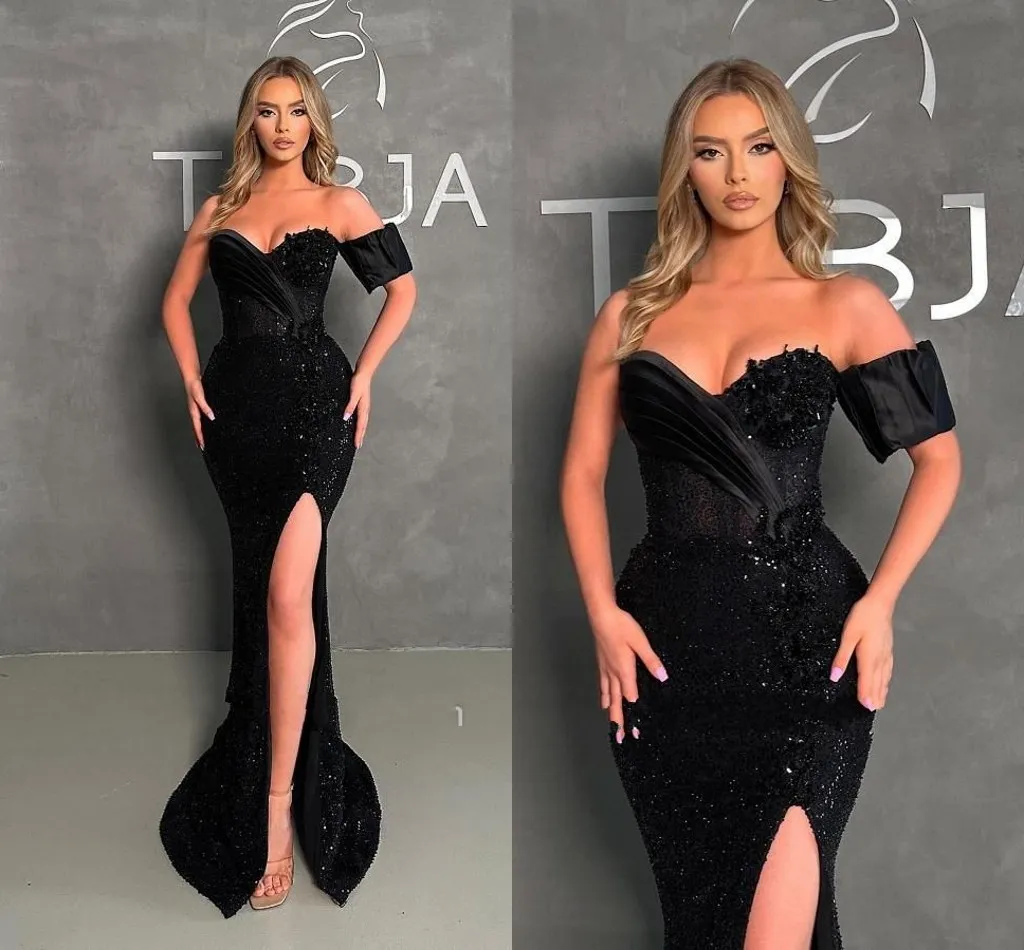 Long Mermaid Black Prom Dresses Elegant Sweetheart Sequined Formal Evening Bowns With High Front Slit Women Robe de Soriee