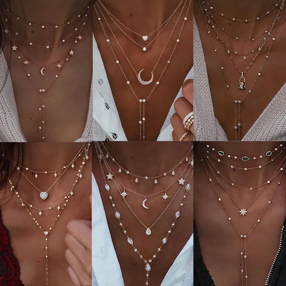 Винтажная хрустальная геометрия Звездная Луна Ожерелье для женщин для женщин Многоуровневые ожерелья подвески Бохо.