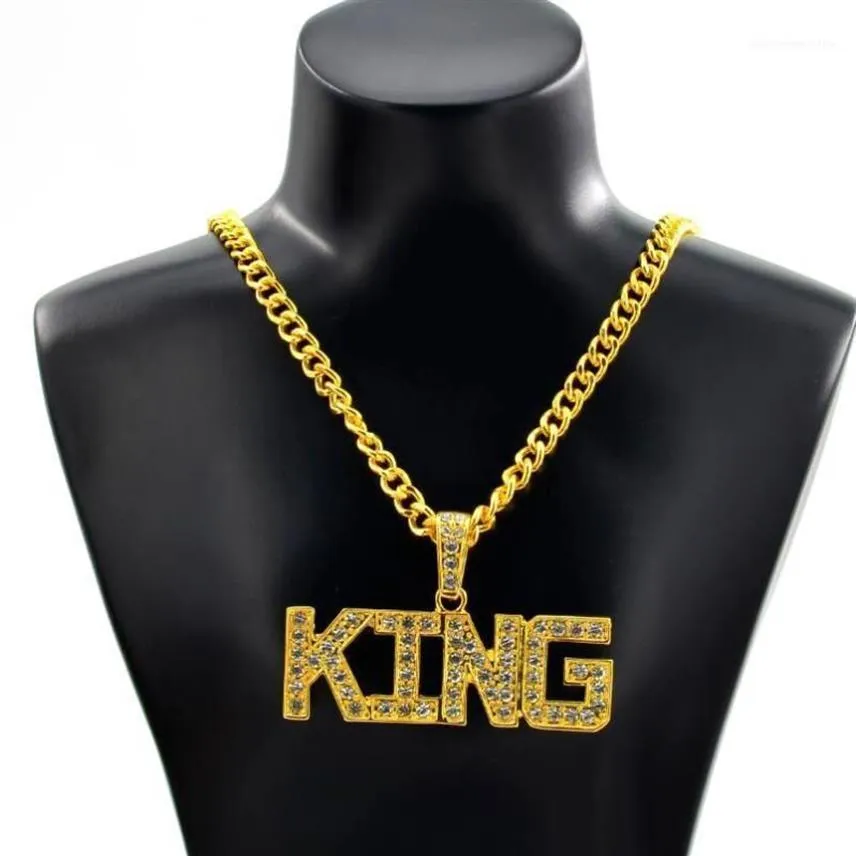 Catene CZ Zircone Collana HipHop KING Lettera Uomini Ciondolo Bling Iced Out Cuban Link Catena d'oro Strass di cristallo Gioielli maschili12579