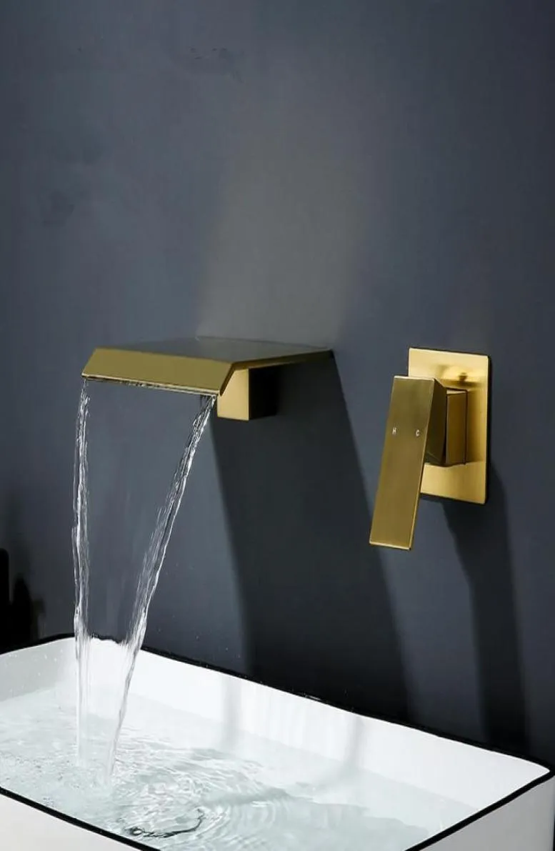 Waterfall Basin Sink Faucet Solid Brass Tap And Cold Water Mixer Bathroom Taps Single Handle Two Hole Brushed Gold Black Faucets4686698