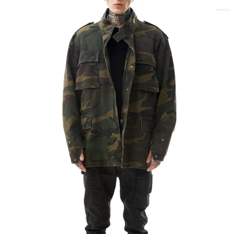 Vestes pour hommes Style militaire rétro lavé en détresse mi-longueur veste de camouflage pardessus manteau lâche