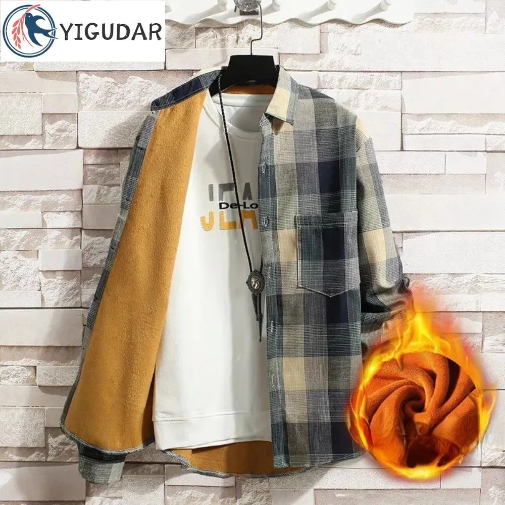 Camisa a cuadros de felpa de otoño e invierno para hombre, versión coreana de manga larga, tendencia, top suelto, chaqueta cálida gruesa, ropa 231220