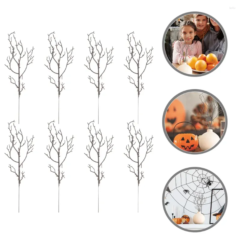 Flores decorativas 8 Pcs Halloween Simulação 6-bifurcada Preto Ramo Cena Decoração Plástico Seco DIY Galhos Vaso Enchimento Hastes Artificiais