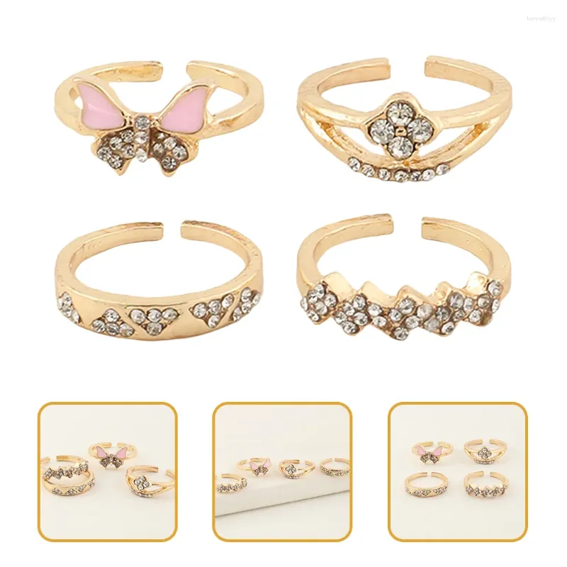 Cluster Rings 4 Pcs Children's Ring Toddler For Girls 3 Years Old Bulk Adjustable Jewelry Kids Metal Small Crystal