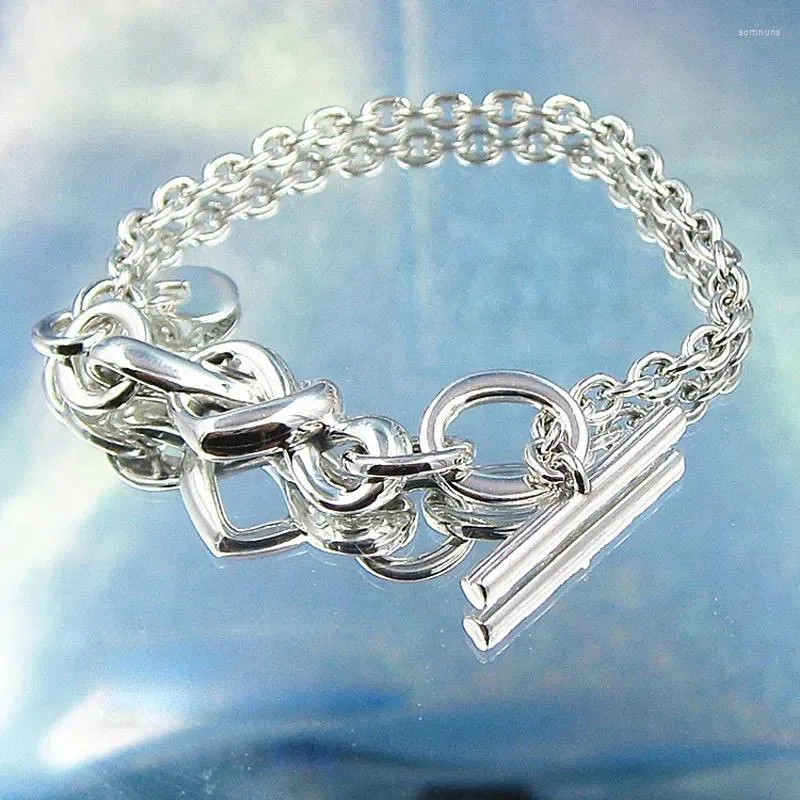 Braccialetti di fascino 925 Bracciale a catena a T-bar a cuore noto in argento sterling per donne