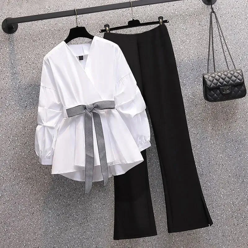 Calças femininas de duas peças 2023 grande desgaste primavera e verão magro alto sentido coreano moda camisa de duas peças elegante conjunto