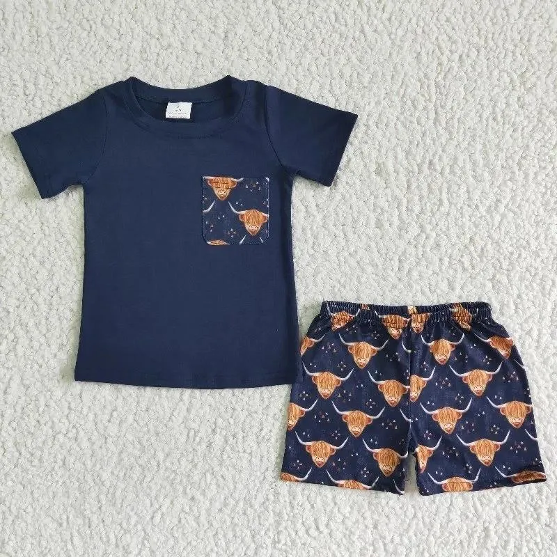 Kläder sätter grossist Western Cow Baby Boy Summer Pocket Naby Blue Shirt Highland Shorts Children Boutique Kid Set Fashion Outfit