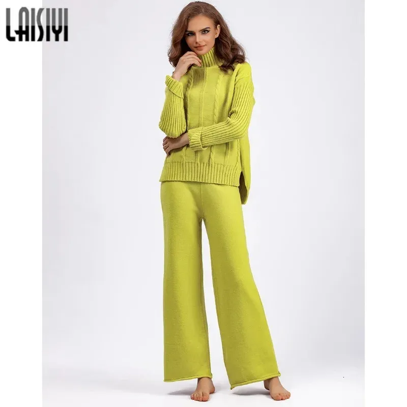 Laisiyi Autumn Winter Sets 2 stuks Turtleneck trui en brede pootbroek Set vrouwen met lange mouwen pullovers vrouwelijk gebreide pakken 231220