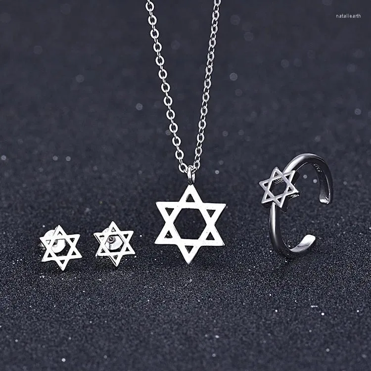 Pendant Necklaces Women Silver Color Hexagram Necklace Wedding Jewelry Set Boucle D'oreille Jewish Star Of David Choker Earring Sets