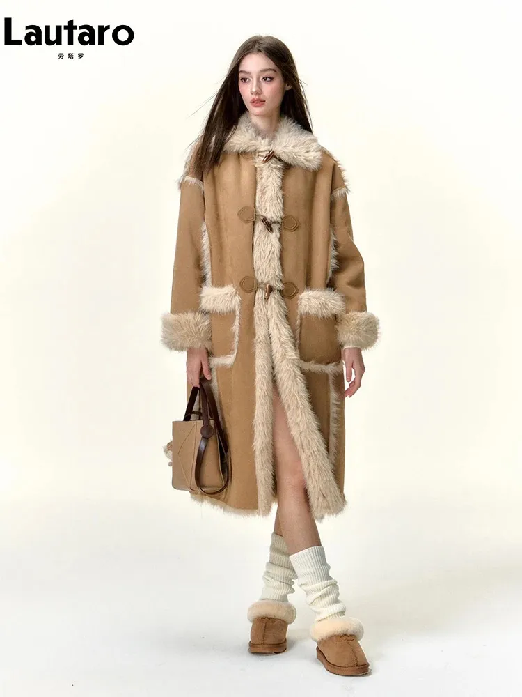 Lautaro зимнее длинное утолщенное теплое мягкое пушистое пальто из искусственного меха из овчины женское свободное повседневное меховое пальто с роговыми пуговицами и карманами 231220