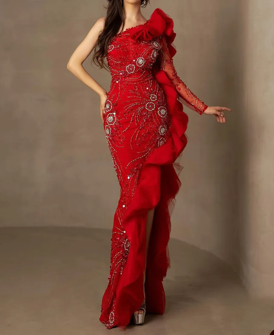 Gorgeous Red Mermaid Prom Dress One Shoulder Lace Side Split Tiered Ruched Formal Evening Gowns Robe De Soiree