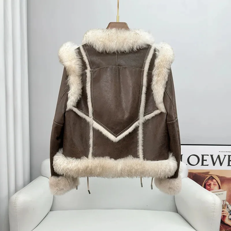 Autumn/Winter "Maillard" Rabbit Fur Integrated Coat Women's Short Lamb Collar Fur Coat 231221