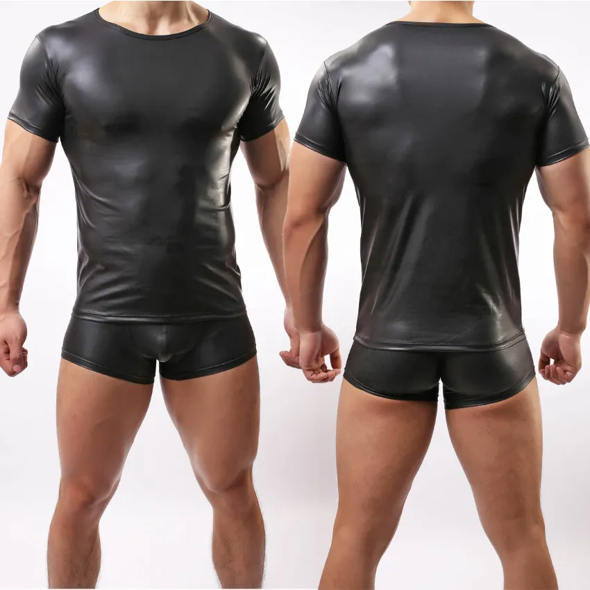 Ensemble en simili cuir pour hommes, manches courtes + boxer effet mouillé, T-shirt musclé