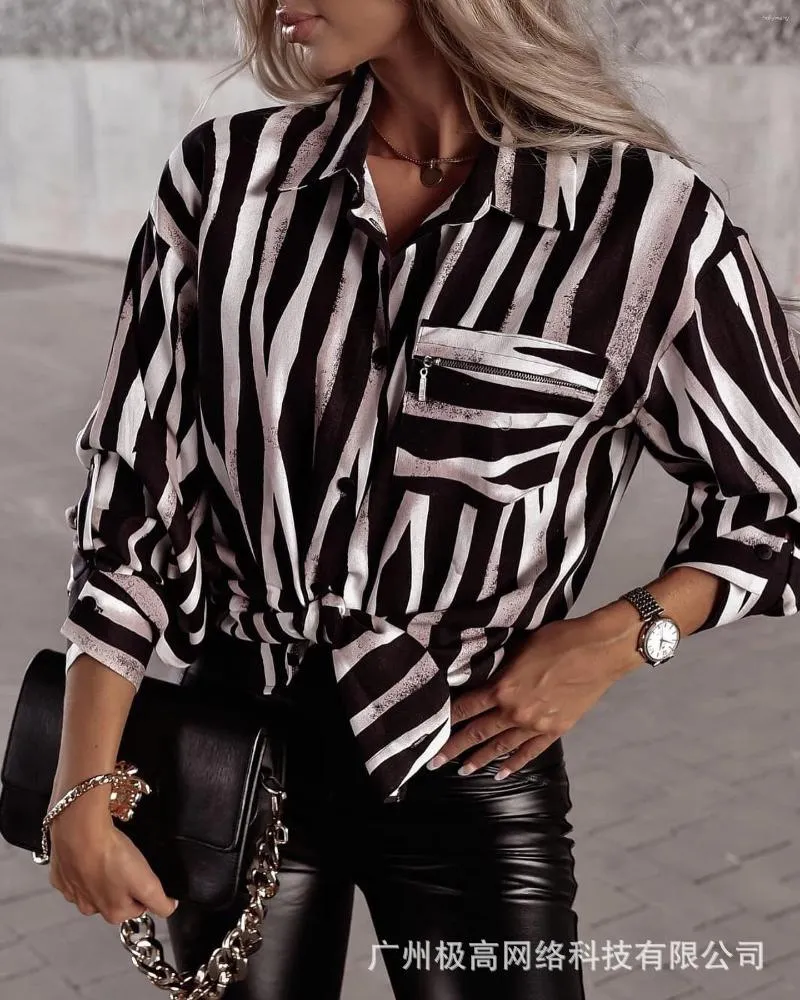 Blouses pour femmes Femmes 2023 Spring Summer Casual Shirt Blouse Tops Stripes imprimées Poches à manches longues