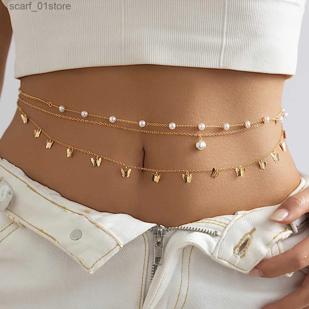 Waist Chain Belts Salircon Bohemian lti layered Metal Waist Chain Fashion Butterfly Pendant Belly Chain Sexy Beach Bikini Summer Bo JewelryL231221