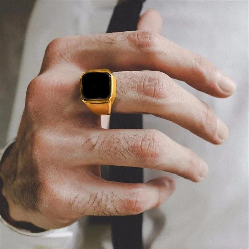 Bague chevalière carrée dorée en acier inoxydable cornaline noire digne pour hommes, bagues Pinky, richesse masculine et statut riche, bijoux 2357